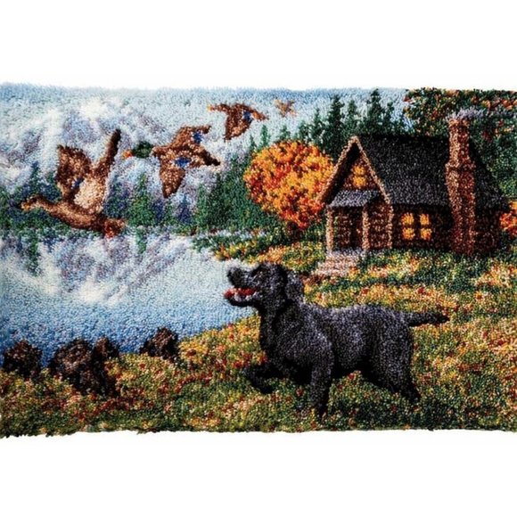 Rug Making Latch Hooking Kit |Dog Chasing Geese (52x38cm print canvas) - Picture 1 of 7